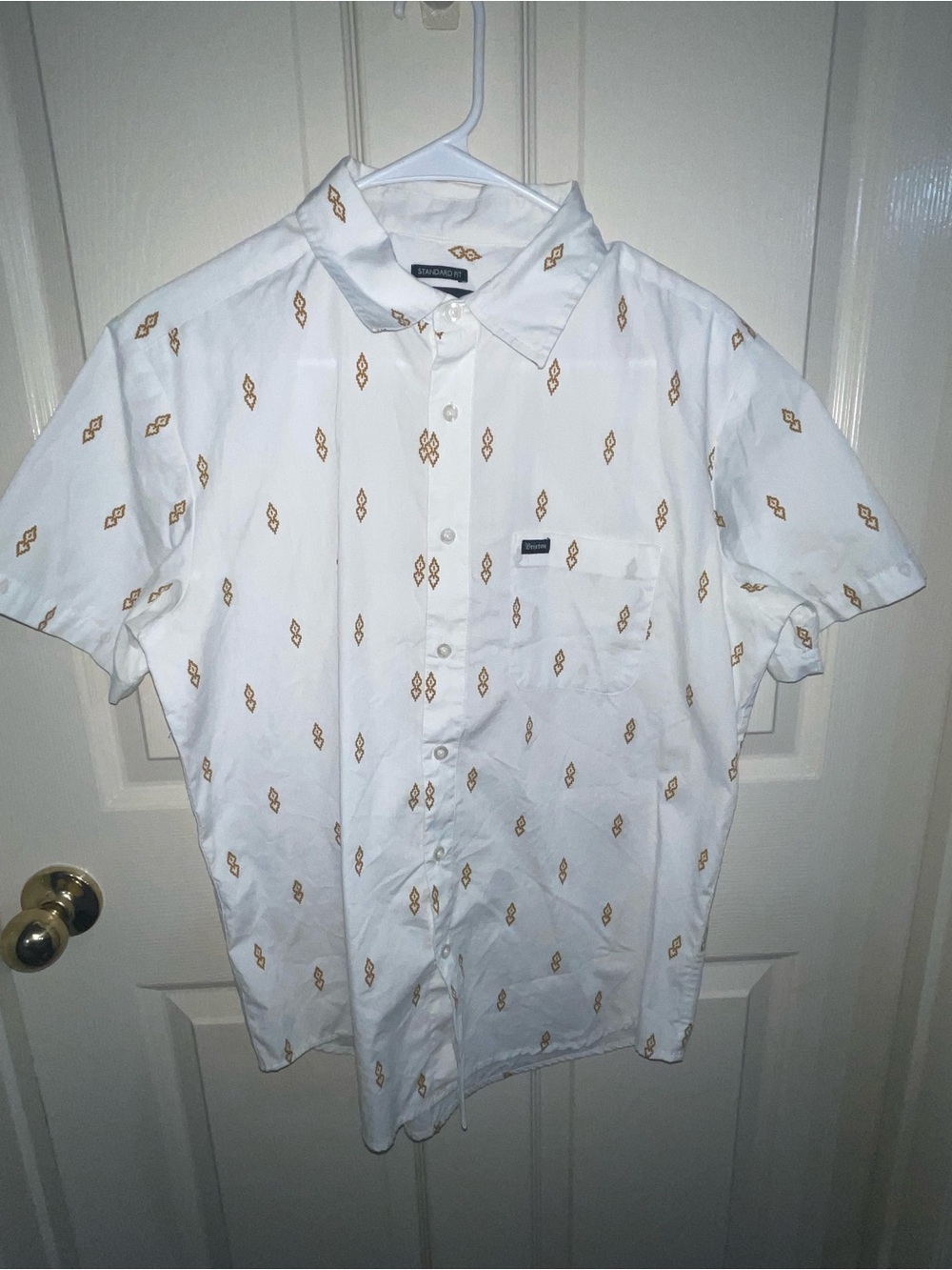 Brixton Men's White Short-Sleeve Button-Up Shirt with Gold Print Small